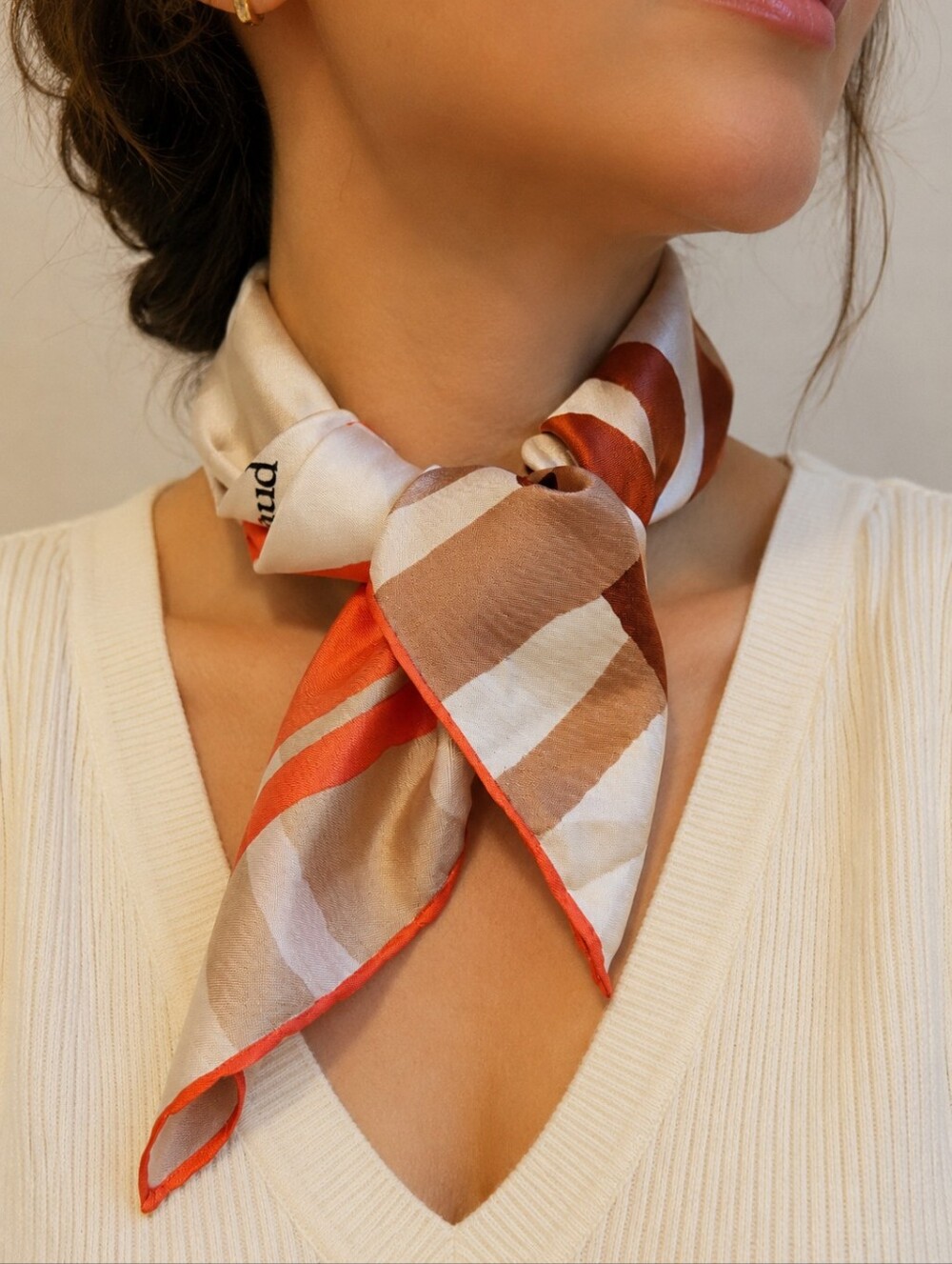 Louis Féraud Floral Silk Scarf in Cream and Brown Tones-Made in France - Picture 9 of 11